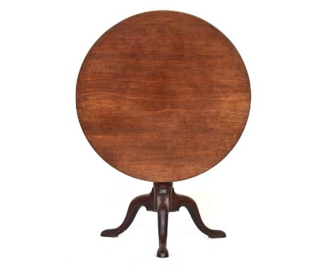 A George III mahogany tripod table, tip-top with birdcage action, gun barrel column support on three cabriole legs with gener