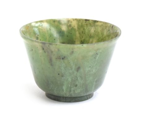 A Chinese spinach jade cup, of flaring form with short form foot, approx. 6cm diameter, 4cm high