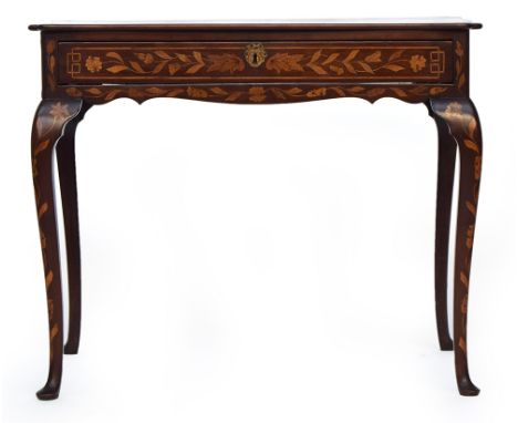 A late 18th/early 19th century Dutch marquetry side table, the shaped moulded top over single frieze drawer, on cabriole legs