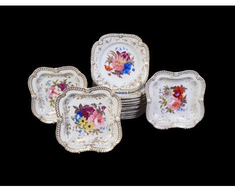 A Chamberlain's Worcester part dessert service, circa 1830 comprising: eleven shaped square plates (impressed marks) and thre