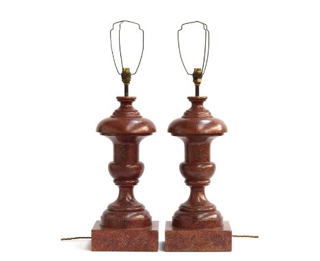 A pair of faux marble Casa Pupo style resin table lamps, turned baluster form on square bases, each with pleated silk shade, 
