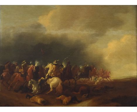 Jan Jacobsz van der Stoff (Leiden 1611-1682), cavalry skirmish, oil on board, signed lower right, 45x58cm 