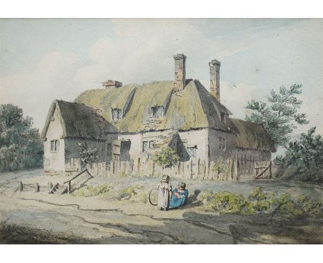 John Preston Neale (British 1780-1847): Children Playing by Cottage, watercolour signed, labelled verso 18cm x 26cm