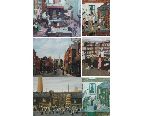 Tom Dodson (British 1910-1991): 'The Backyard' 'Saturday Penny' 'Dinner Time at t' Mill' 'The Church' 'Evening at Home' and '
