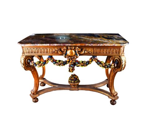 Italian Mid Century Neoclassical Style Gilt and Polychrome Carved Marble Top Console Table. Carved apron with hanging garland