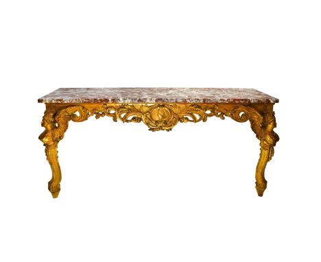 19th Italian Empire Style Giltwood Carved Marble Top Wall Console. Pierced and scroll carved apron with figural medallion en 