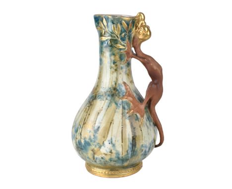 Riessner, Stellmacher &amp; Kessel Amphora Glazed Pottery Pitcher Dragon Handle. Impressed Amphora mark with RSTK stamp mark 