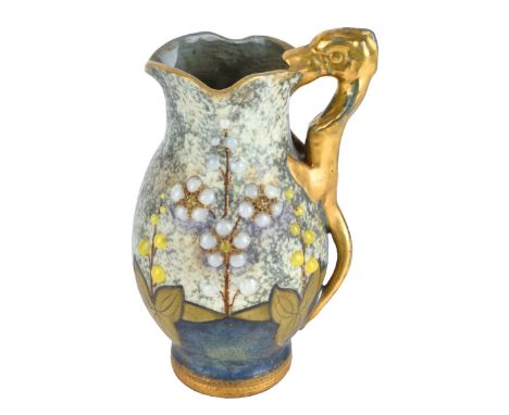 Amphora Austria Gres Bijoux Jeweled Pitcher with Salamander Handle. Impressed Amphora mark and numbered 2076 to base. Measure
