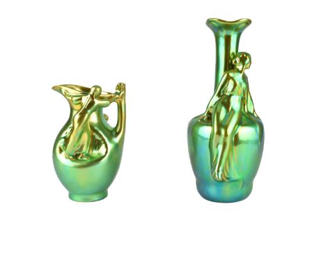 Grouping of Zsolnay Eosin Iridescent Luster Figural Pitcher and Vase. Signed to base. Vase measures 9-5/8" H, pitcher measure