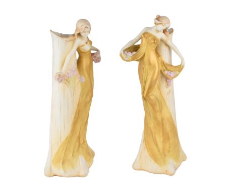 Pair of Royal Vienna Ernst Wahliss Ceramic Figural Vases. Impressed mark and numbered 4824 to base. Measures 10-3/4" H. Condi