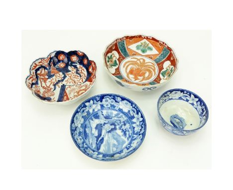 2 Imari Bowls and Blue &amp; White Cup and Saucer. One bowl with marks. Largest bowl measures 6-1/2" dia. Condition: Good con