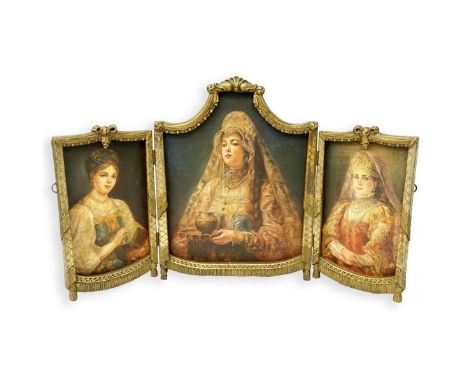 After: Konstantin Egorovich Makovsky, Russian (1839-1915) Oil on Canvas Laid on Board, Portrait Triptych in Carved and Gilt W