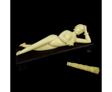 Antique Chinese Carved Ivory Doctors Lady and Needle Case. Unsigned. Figure measures 6" L. We Will Not Ship This Item Out of 