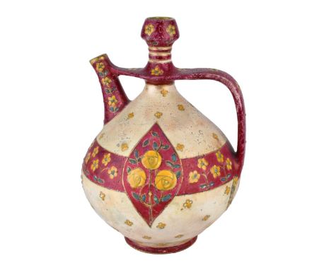 Large Art Nouveau Amphora Enameled Pottery Handled Water Pitcher. Signed to base. Measures 11-1/2" H x 8" W. Condition: Rubbi