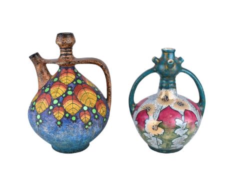 Two (2) Piece Amphora Lot by Paul Dachsel: Handled Multi Spout Double Gourd Vase and Handled Pottery Pitcher. Each numbered t