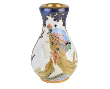 Riessner, Stellmacher &amp; Kessel Turn Teplitz Amphora Maiden Portrait Pottery Vase. RSTK stamp mark and impressed Amphora m
