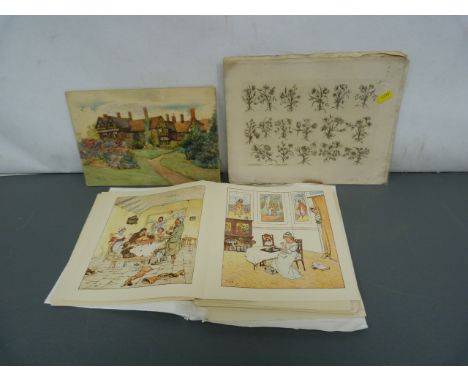 DICK E.  Kersley, Warwickshire. Watercolour on card of a country house; also a bundle of prints & engravings.