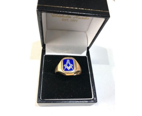 Vintage 9ct god &amp; enamel swivel gents masonic ring weight 5g 