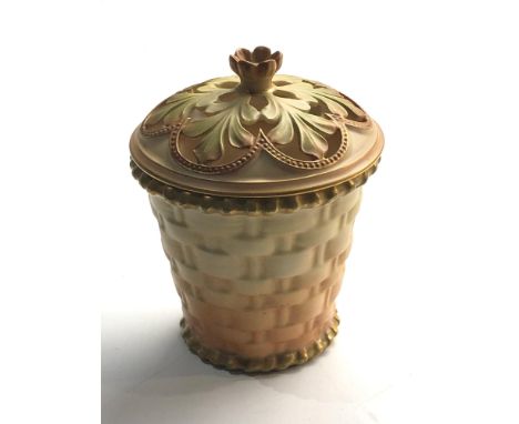 Royal Worcester blush ivory lidded basket weave pot good condition measures approx 11.5cm by 9cm dia 