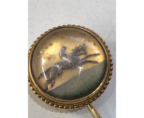 Fine Antique Victorian 15ct gold race horse intaglio Essex crystal stick pin c1890 head measure approx 2.1cm dia total length