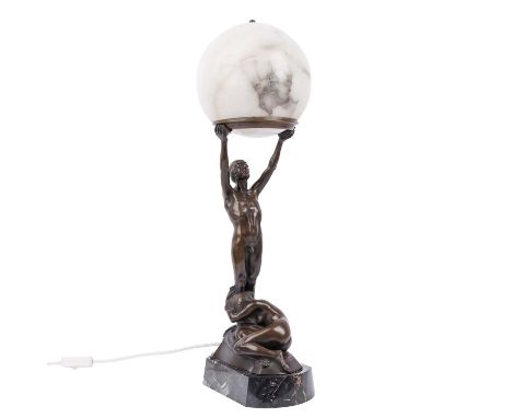 STOCKER, DANIEL (1865-1957) "Figürliche Tischlampe mit Alabaster-Kugelschirm" Bronze, sig., H: ca. 70 cm. (mit Sockel) Leicht