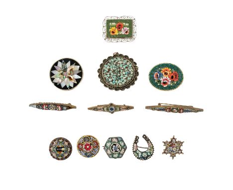 Konvolut Mosaikschmuck, Ende 19. Jh./ Anfang 20. Jh., 13 Stück, aus Silber und Metall, teilweise mit Granaten und Perlmutt, d