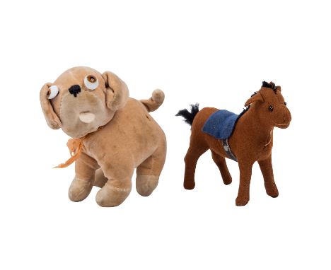 STEIFF 2-tlg Konvolut Tierfiguren, vor 1930, Pferd aus braunfarbenem Filz, stehend, ohne Räder, Knopf mit Druckbuchstaben, la