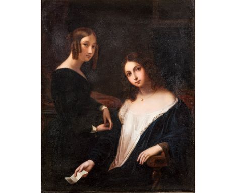 BIEDERMEIER-MALER/IN 1. Hälfte 19. Jh., "Zwei junge Damen mit Brief", um 1830, beide Damen im Halbportrait in einem Interieur