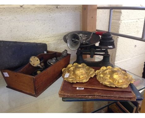 A set of iron scales together with a two section oak cutlery tray, cutlery, pewter condiments and other items.