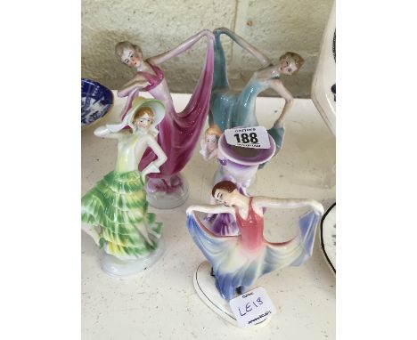 Five various Art Deco china figures modelled as Young Dancing Ladies.