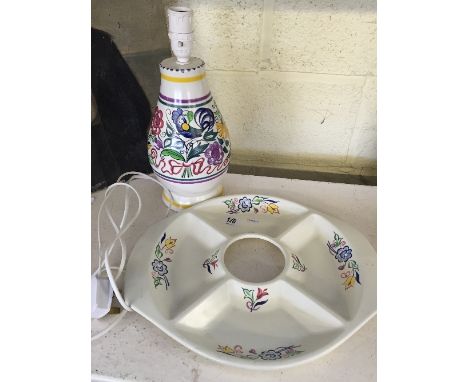 A white bodied Poole Pottery traditional lamp base, decorated in the LE pattern together with an hors d'oeuvre dish, decorate
