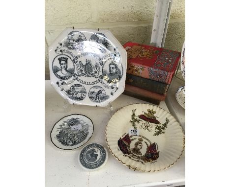 Two commemorative Queen Victoria Jubilee plates dated 1887 together with a small Cherry Toothpaste pot lid decoarted with a p