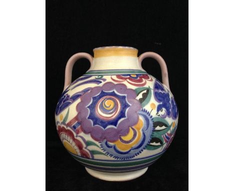 A Carter Stabler Adams Limited Poole Pottery twin handled globular vase, shape 202, decorated in the HE pattern by Vera Bridl