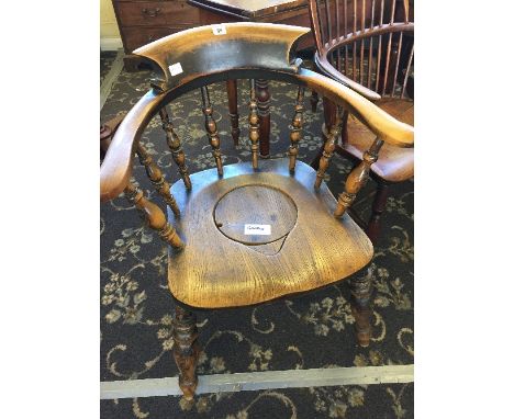 An oak smokers bow with later cut-out commode seat.