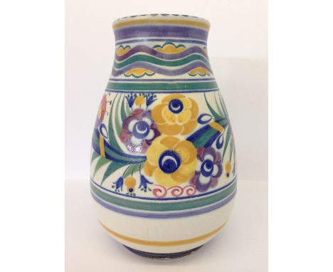 A large Poole Pottery vase, shape 337, decorated in the YO pattern by Anne Hatchard (9.5").