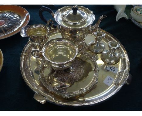 An Art Deco Walker & Hall Limited silver plated tray together with a three piece silver plated teaset by Mappin & Webb, plate