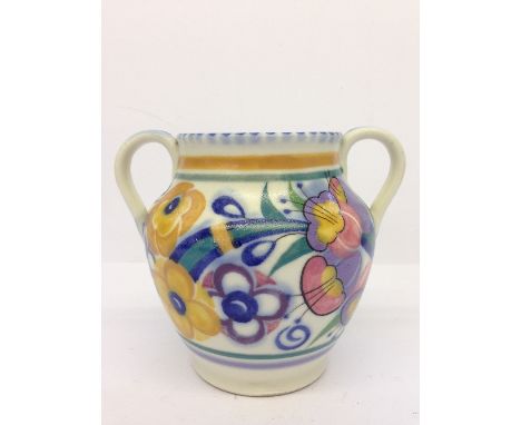 A Poole Pottery twin handled vase, shape 401, decorated in the ED pattern by Myrtle Bond (5").