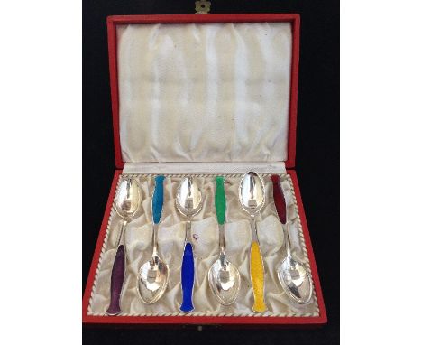 A set of six cased silver and Guilloche enamel Edragsted Danish teaspoons (58 grams overall).