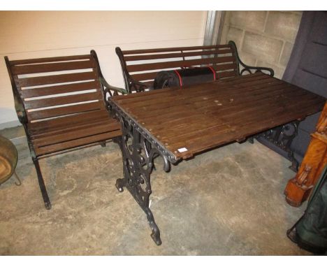 Cast Metal and Wood Garden Table with Matching Bench and Chair 