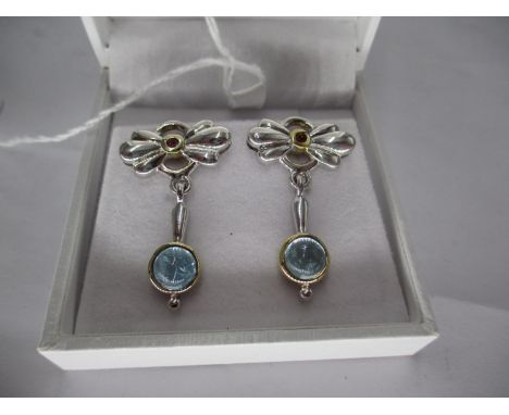 Ruby and Cabochon Aquamarine Drop Earrings 