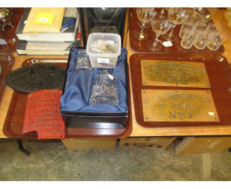 Two Brass Signs for J.S. Callender Brodie Idvies, Cast Metal W. Findlay Legaston Sign, Broken G R Sign, Stuart Crystal Water 