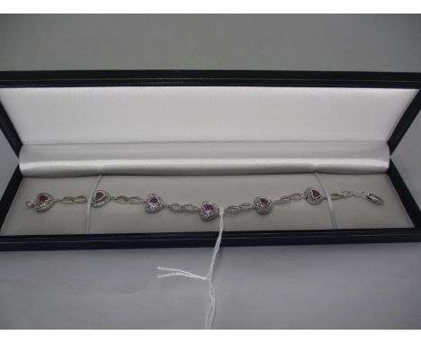Pink Sapphire Heart Panel Bracelet with Diamond Detail to Central Panel 