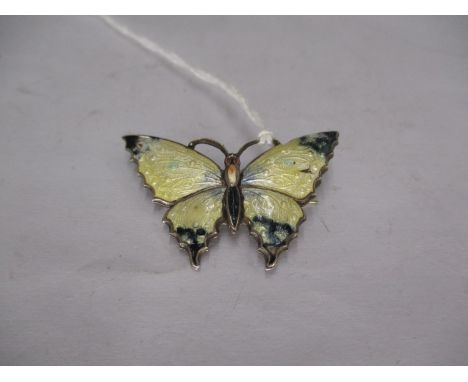 Small Silver and Enamel Butterfly Brooch with Cream Wings and Blue Tips, by Cupples &amp; Hall, Birmingham, 1918, 3.5cm wide 