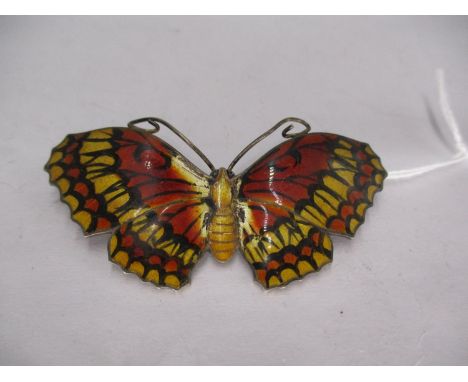 Silver and Enamel Butterfly Brooch with Red/Orange and Black Wings and Golden Yellow Body, by J. Atkin &amp; Son, Birmingham,