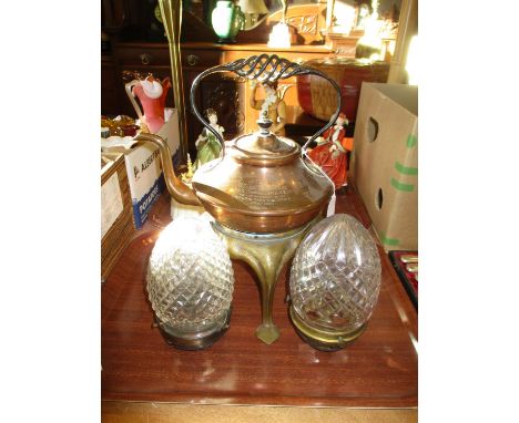 1906 Presentation Kettle and a Pair of Glass Lantern Shades 