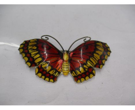 Silver and Enamel Butterfly Brooch with Red/Orange and Black Wings and Golden Yellow Body, by J. Atkin &amp; Son, Birmingham,