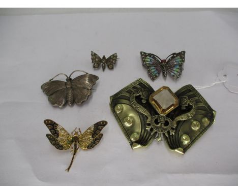 Silver and Marcasite Vari-Coloured Butterfly Brooch with Red Glass Eyes, stamped 835, 4cm wide, Another Small Paste Set Brooc