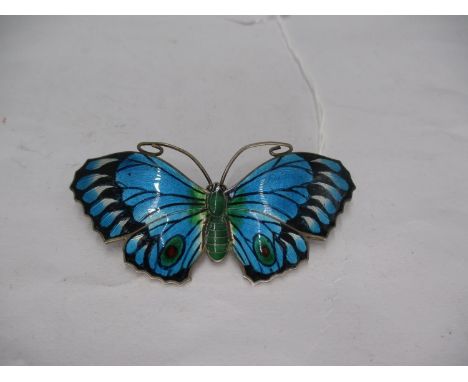 Silver and Enamel Butterfly Brooch with Turquoise/Blue and Black Wings and Green Enamel Body, by J. Atkin &amp; Son, Birmingh