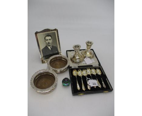 Cased Set of 6 Silver Coffee Spoons, Silver Photograph Frame, Pair of Silver Candlesticks and a Small Cloisonne Enamel Trinke