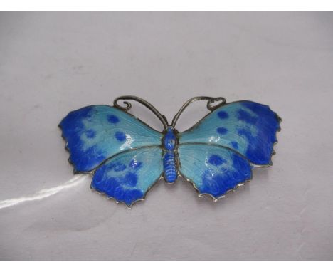 Silver and Enamel Butterfly Brooch with Turquoise Wings, Blue Spots and Edges, Stamped Sterling, c.1920, 5.5cm wide 
